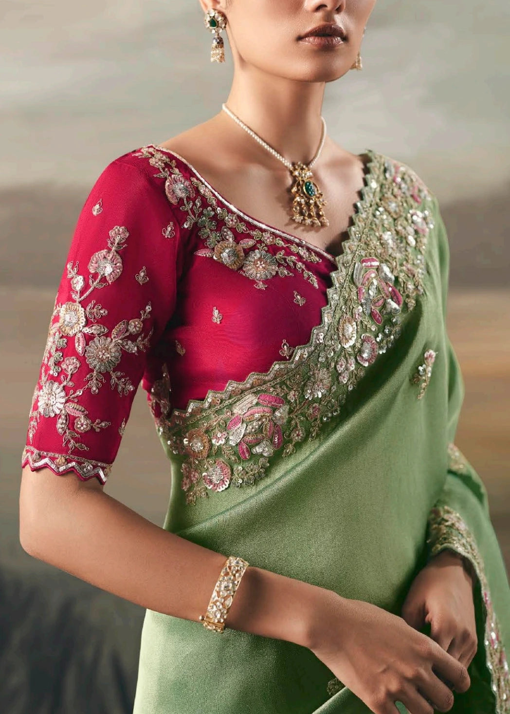 Mint Green Tissue Silk Embroidered Bridal Saree & Red Blouse