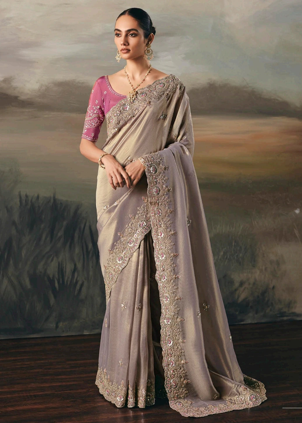Silver Tissue Silk Embroidered Bridal Saree & Pink Blouse