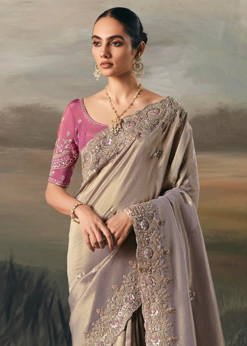 Silver Tissue Silk Embroidered Bridal Saree & Pink Blouse