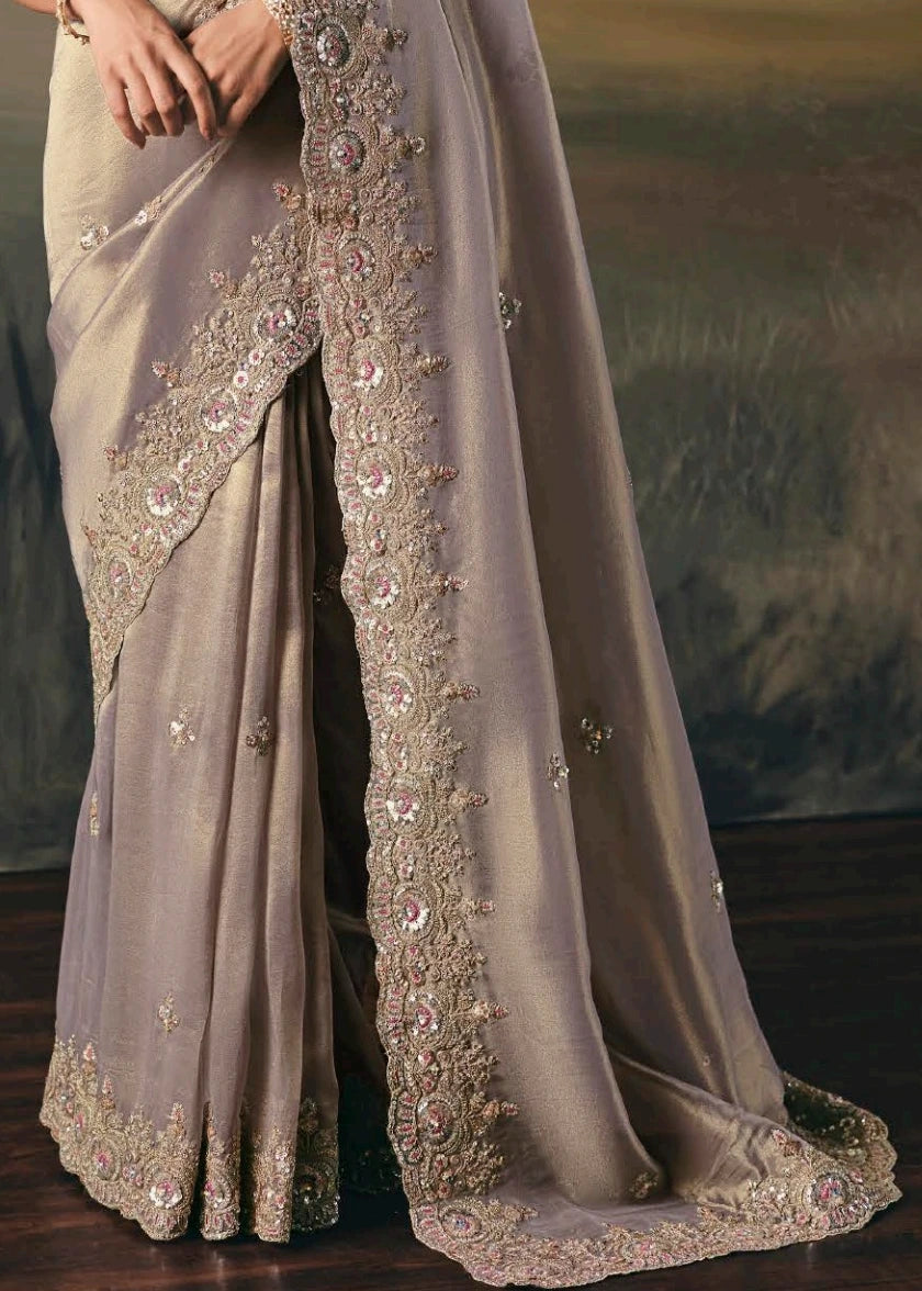 Silver Tissue Silk Embroidered Bridal Saree & Pink Blouse