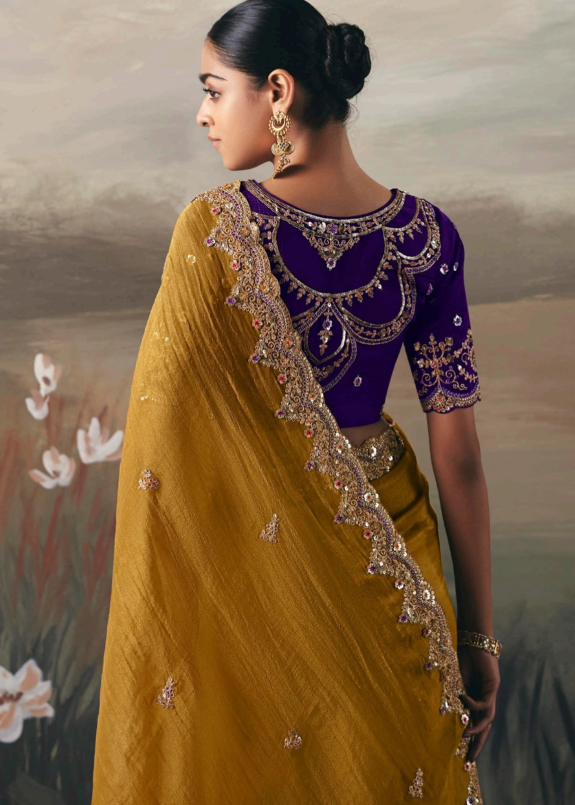 Golden Yellow Tissue Silk Embroidered Bridal Saree & Purple Blouse