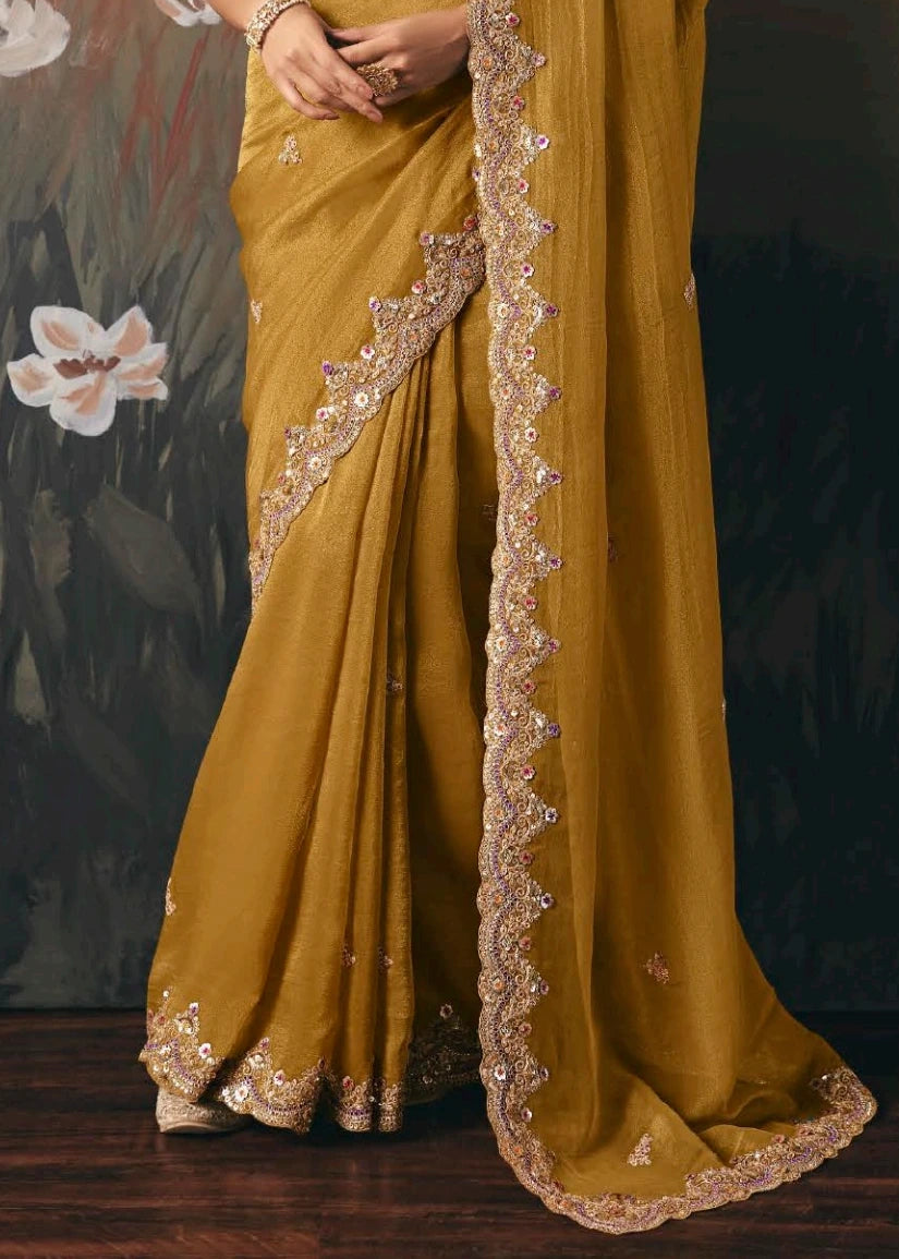 Golden Yellow Tissue Silk Embroidered Bridal Saree & Purple Blouse
