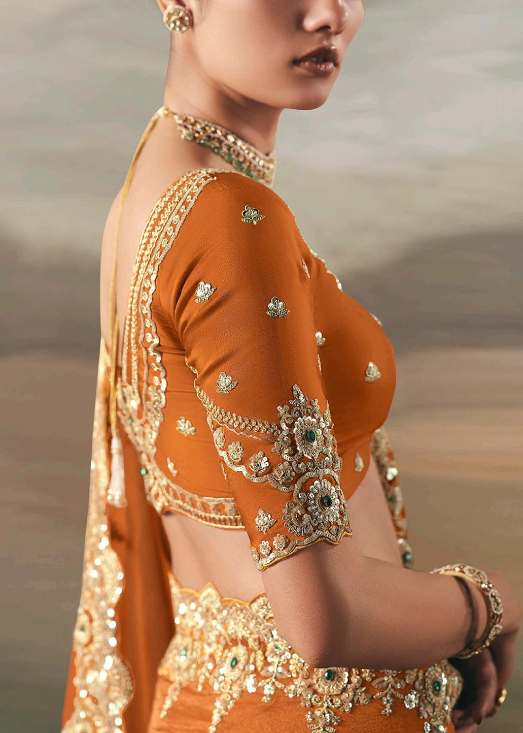 Orange Tissue Silk Embroidered Bridal Saree
