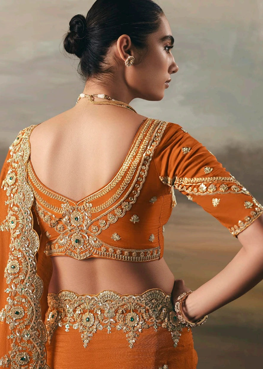 Orange Organza Tissue Silk Embroidered Bridal Saree