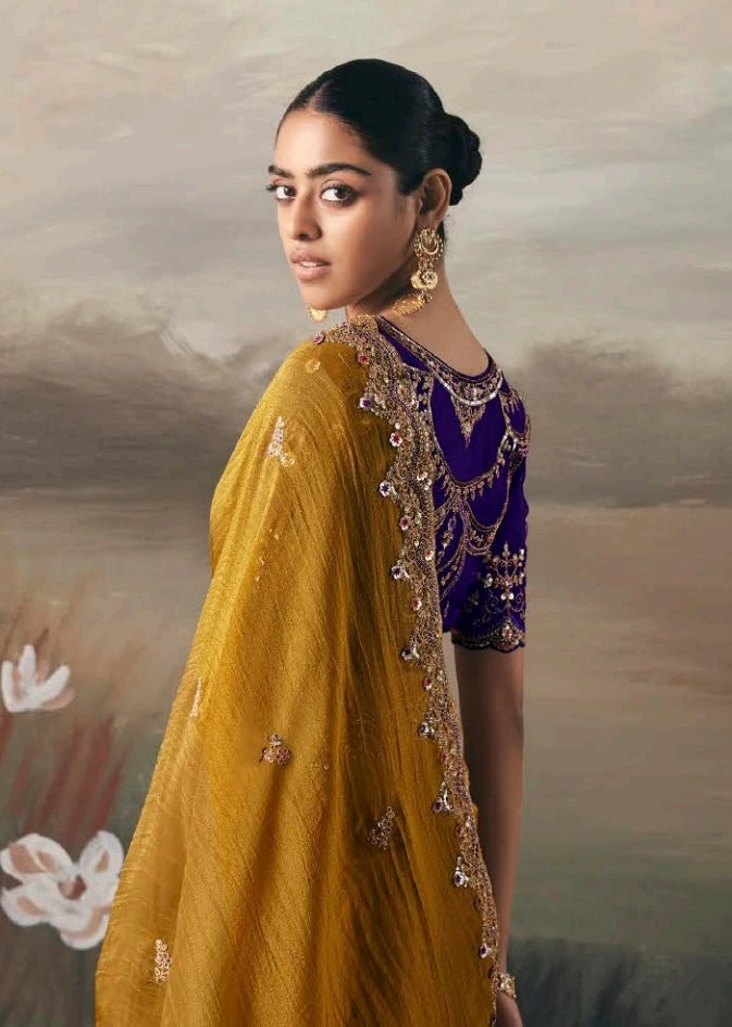 Golden Yellow Tissue Silk Embroidered Bridal Saree & Purple Blouse