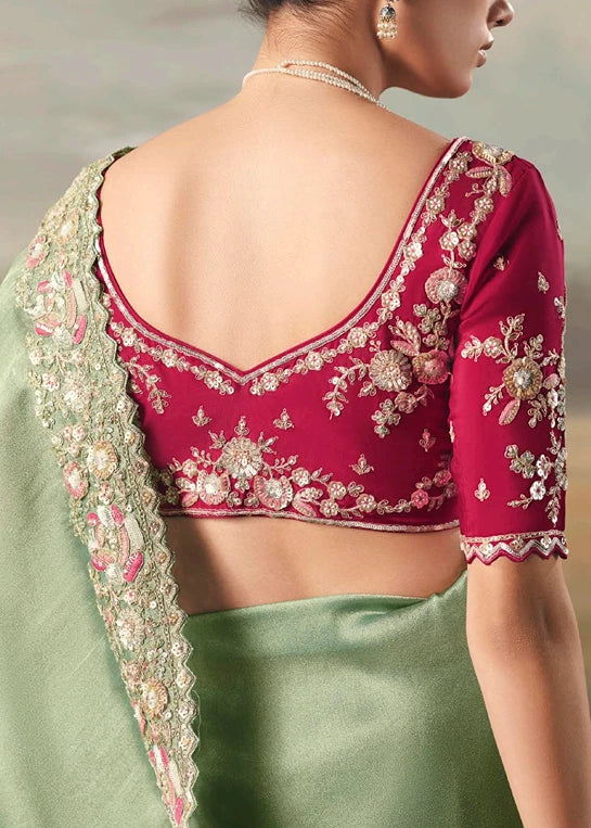 Mint Green Tissue Silk Embroidered Bridal Saree & Red Blouse