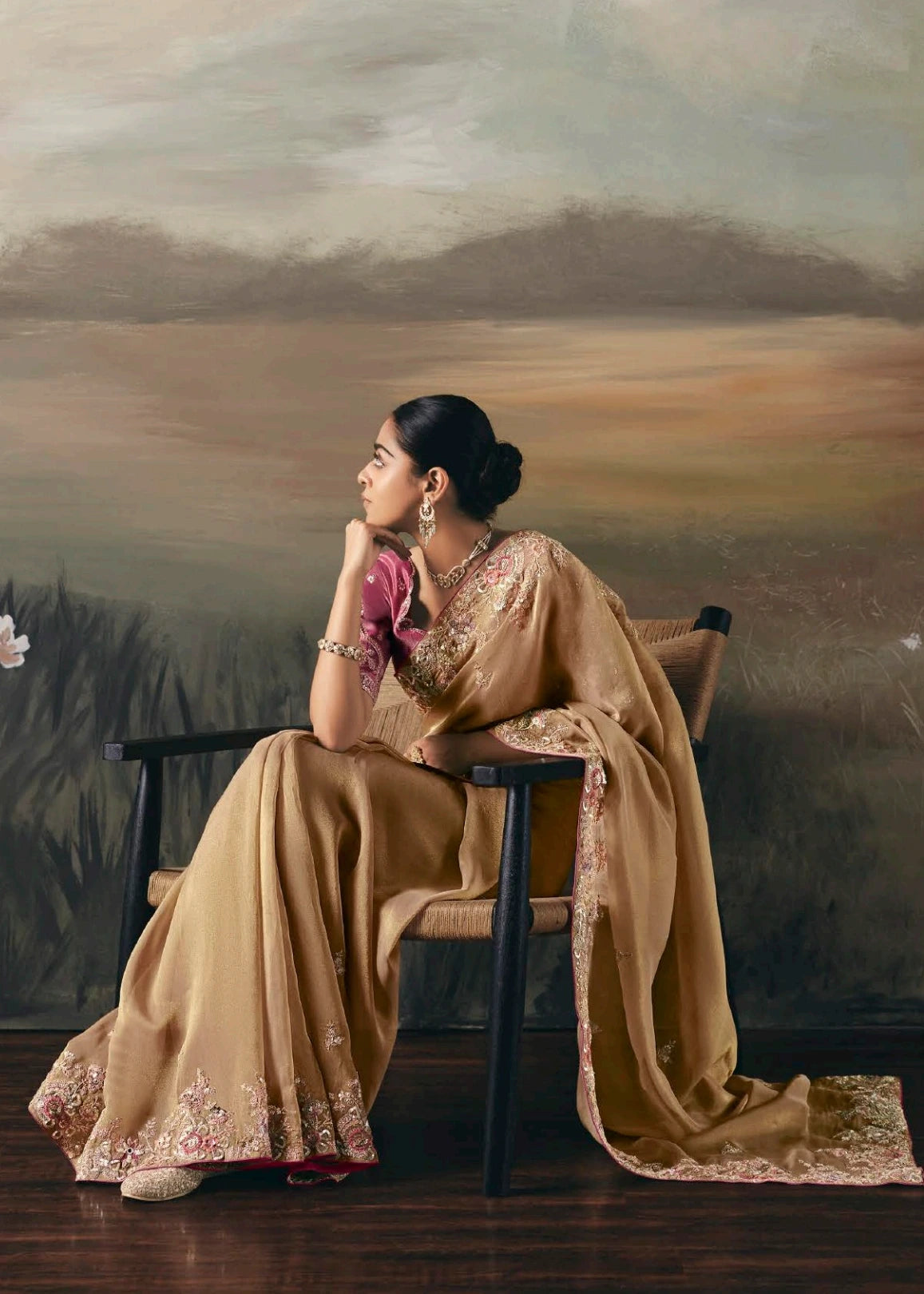 Golden Brown Tissue Silk Embroidered Bridal Saree & Pink Blouse