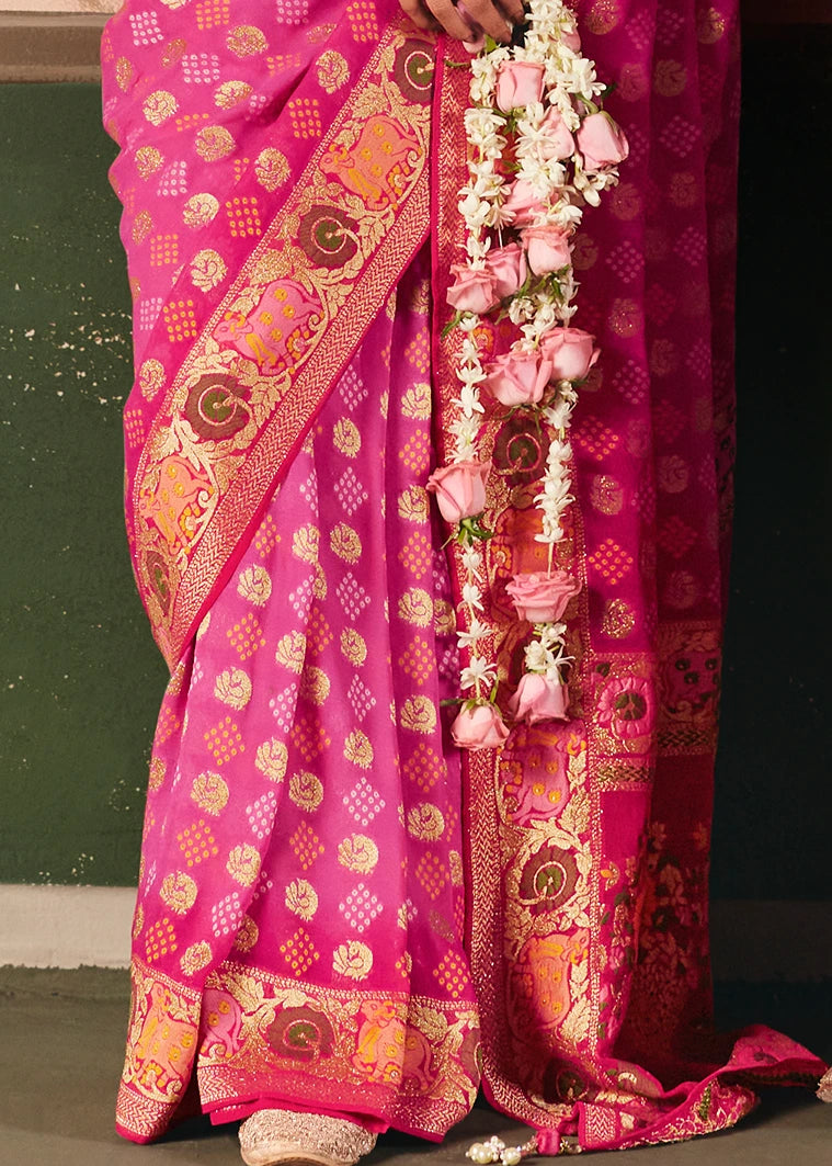 Pure Khaddi Georgette Rose Pink Bridal Bandhani Saree