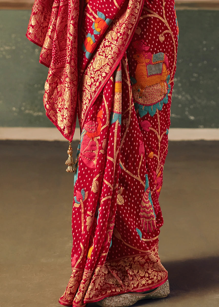 Pure Khaddi Georgette Red Bridal Bandhani Saree
