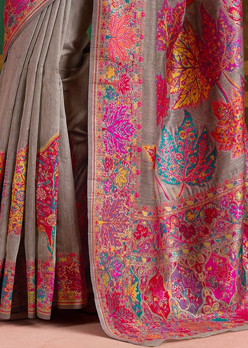 Mud Grey Pure Handloom Kashmiri Silk Saree