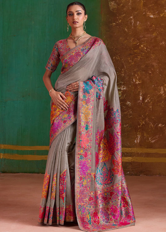 Mud Grey Pure Handloom Kashmiri Silk Saree