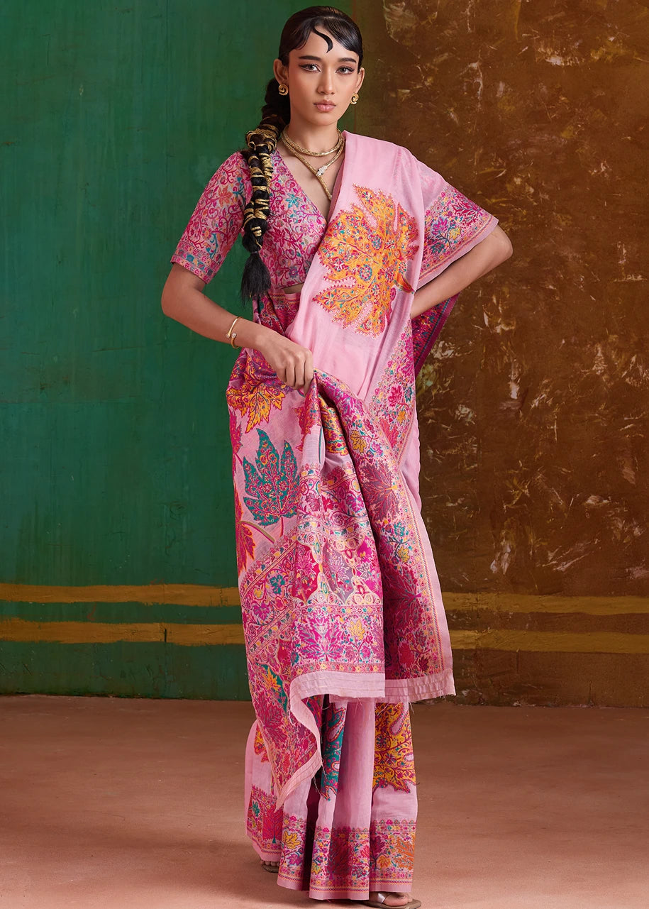 Pastel Pink Pure Handloom Kashmiri Silk Saree