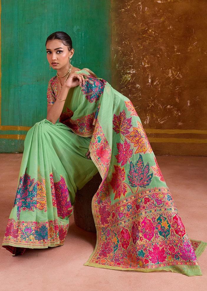 Mint Green Pure Handloom Kashmiri Silk Saree