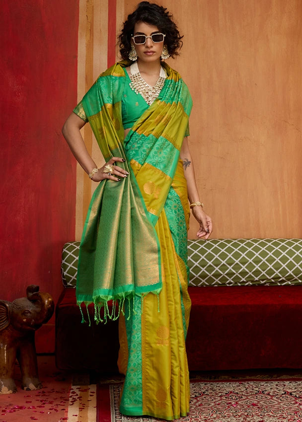 Mustard Yellow and Green Banarasi Patola Handloom Silk Saree
