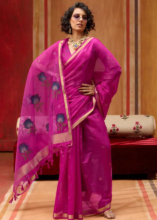 Hot Pink Pure Cotton Silk Handloom Saree