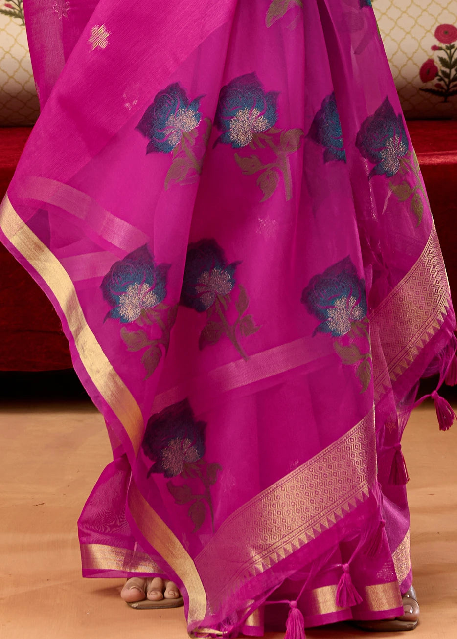 Hot Pink Pure Cotton Silk Handloom Saree