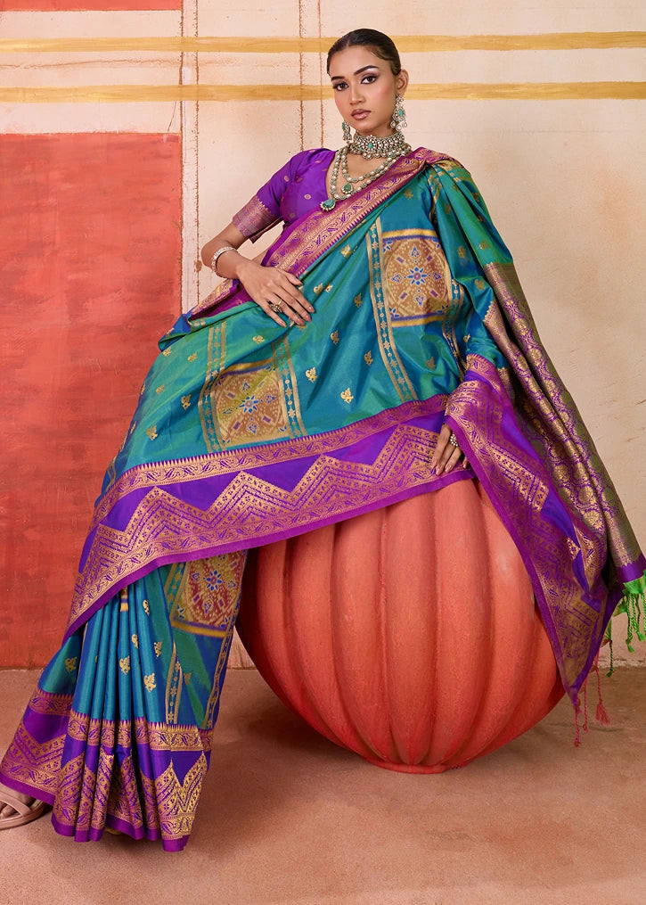 Pochampally Patola Silk Teal Blue Ikkat Saree
