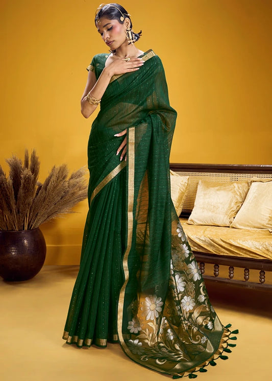 Dark Green and Golden Muga Silk Handloom Weaving Saree