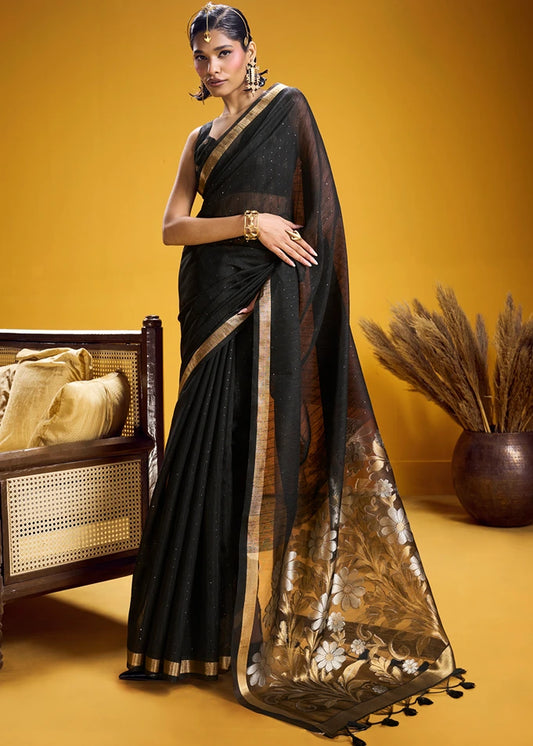 Black and Golden Muga Silk Handloom Weaving Saree