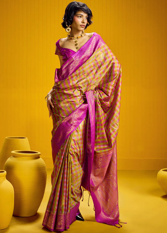 Mustard Yellow and Pink Checks Kanjivaram Silk Handloom Weaving Saree