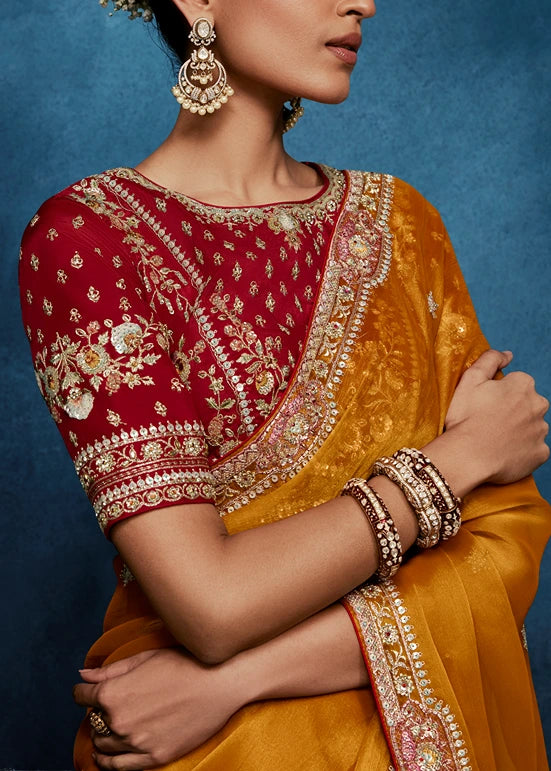 Designer Haldi Yellow Organza Tissue Silk Embroidered Saree with Red Blouse