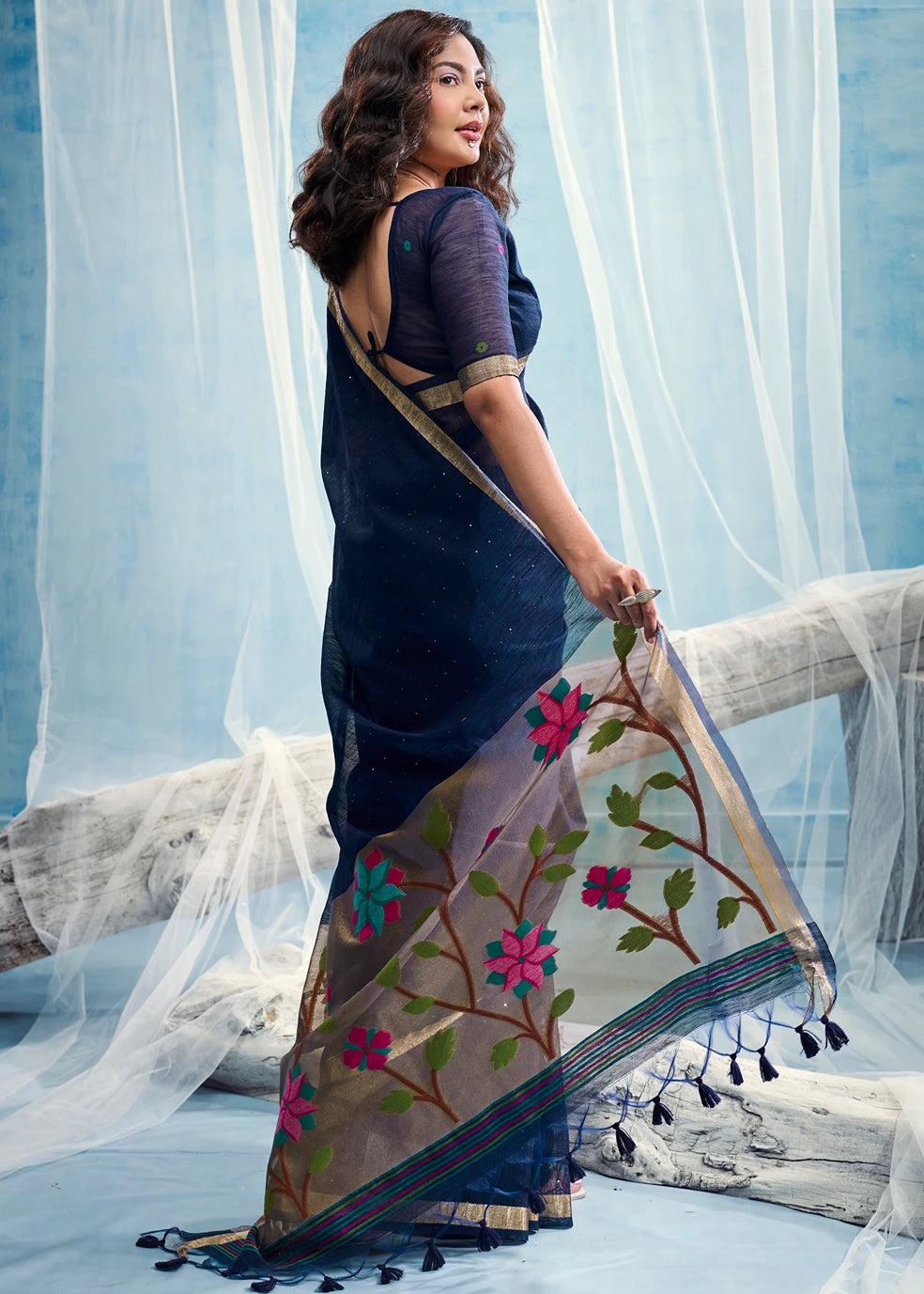 Pure Muga Silk Navy Blue & Golden Handloom Paithani Saree