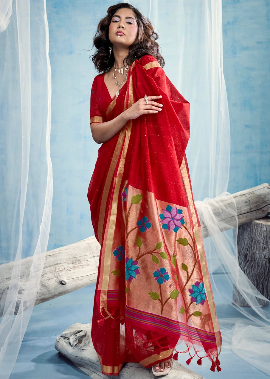 Pure Muga Silk Red & Golden Handloom Paithani Saree