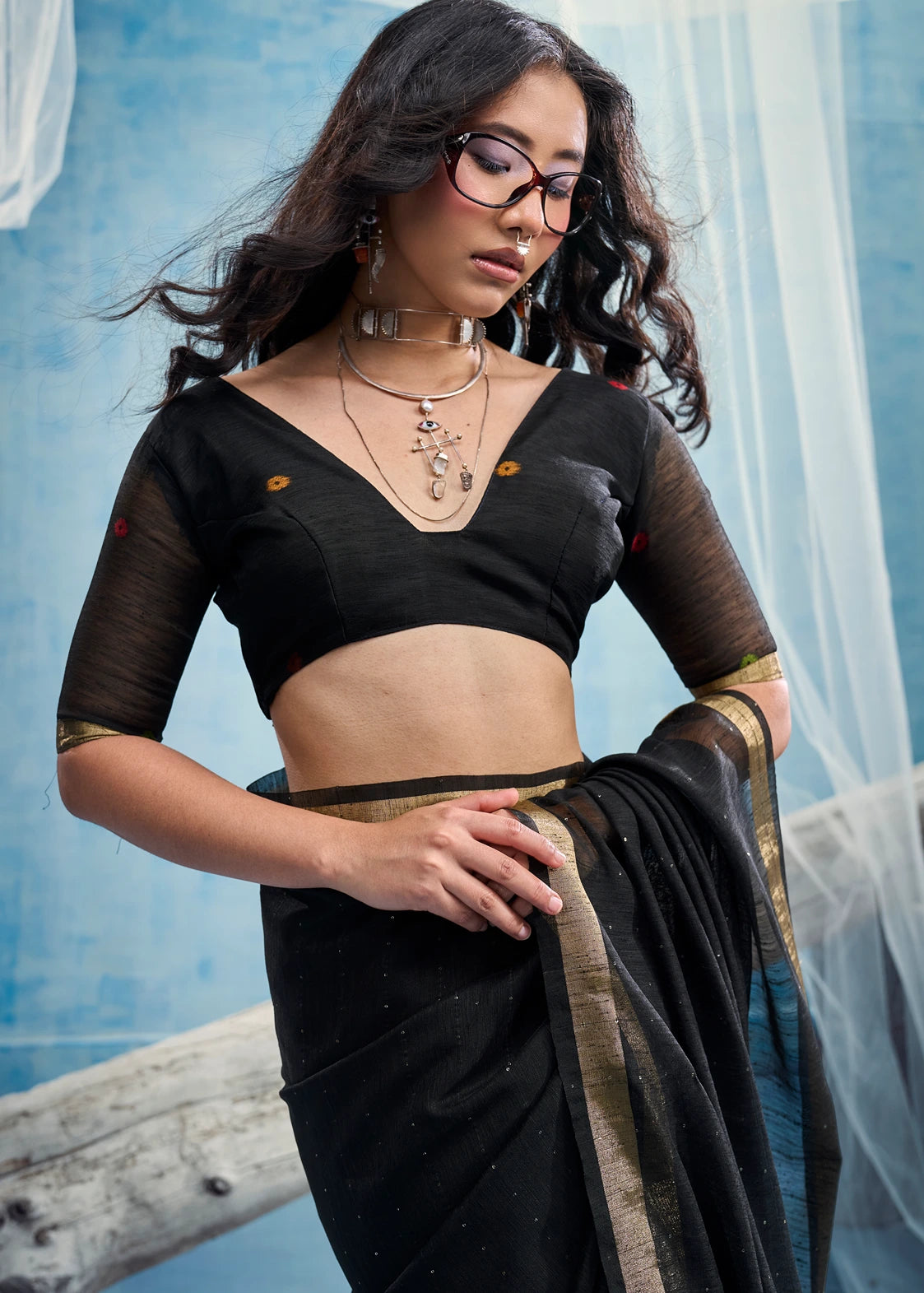 Pure Muga Silk Black & Golden Handloom Paithani Saree