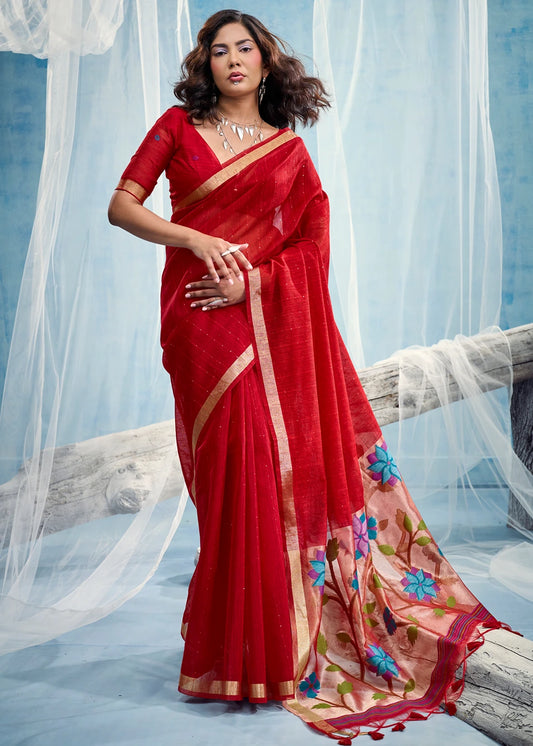 Pure Muga Silk Red & Golden Handloom Paithani Saree