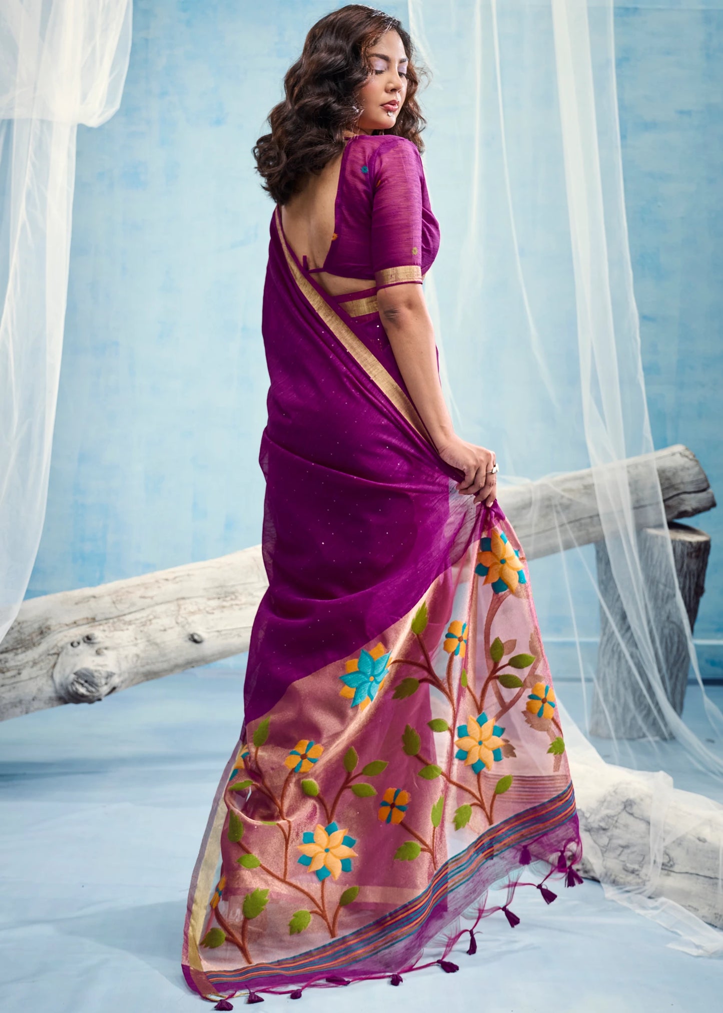 Pure Muga Silk Magenta Pink & Golden Handloom Paithani Saree