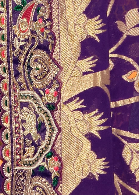 Violet Purple Banarasi Khaddi Georgette Saree & Red Blouse