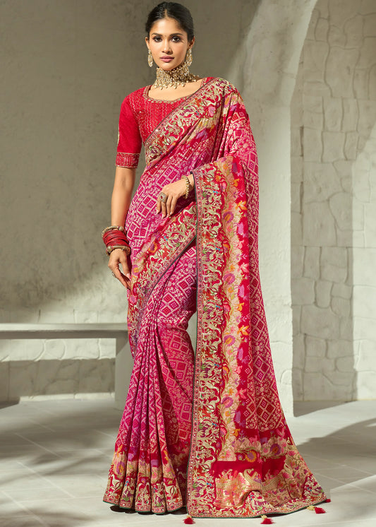 Rani Pink Bandhani Saree With Red Blouse
