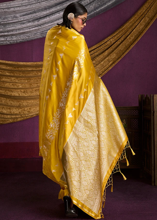 Zari Weaving Pure Banarasi Satin Silk Mustard Yellow Saree