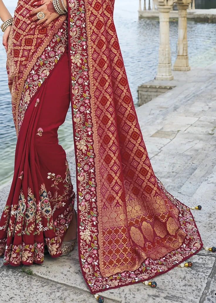Red Banarasi Silk Embroidered Bandhani Saree