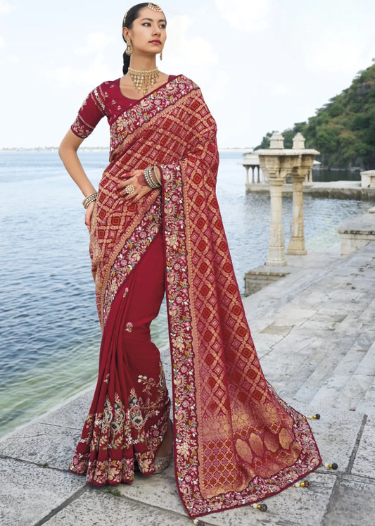Red Banarasi Silk Embroidered Bandhani Saree