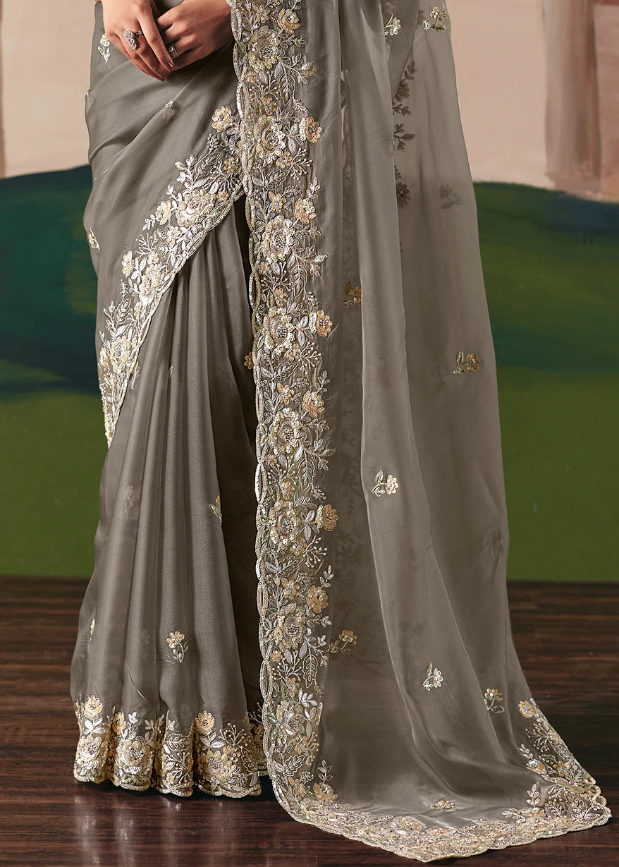 Grey Organza Tissue Silk Embroidered Bridal Saree & Yellow Blouse