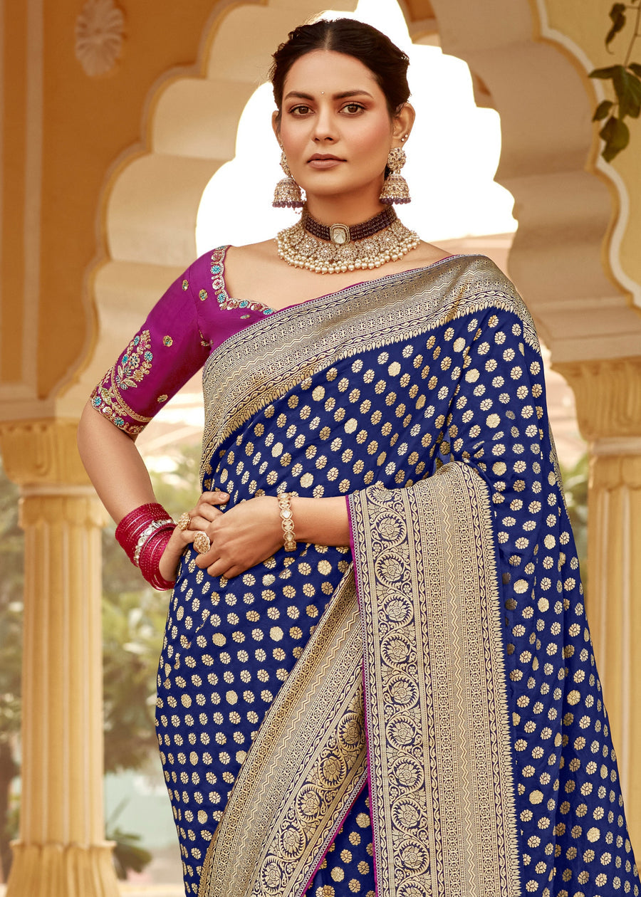Dola Banarasi Silk Royal Blue Bridal Saree With Contrast Pink Embroidered Blouse