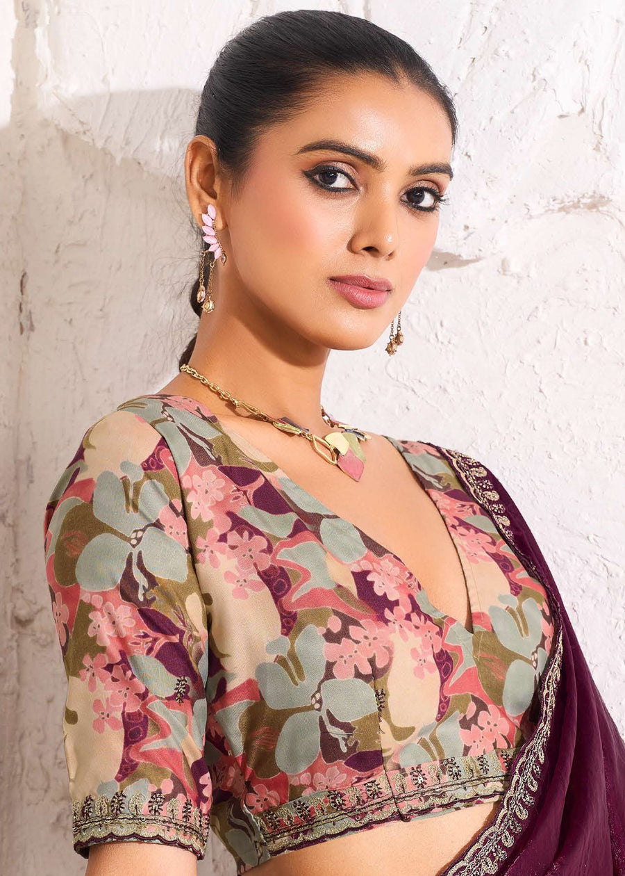 Crushed Tissue Wine Maroon Embroidered Saree & Printed Blouse