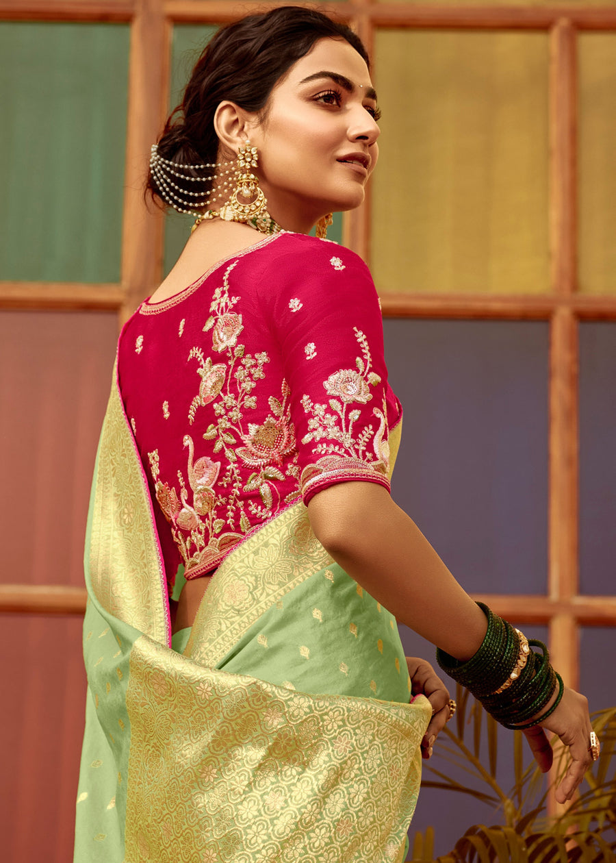 Dola Banarasi Silk Pista Green Saree With Contrast Red Embroidered Blouse