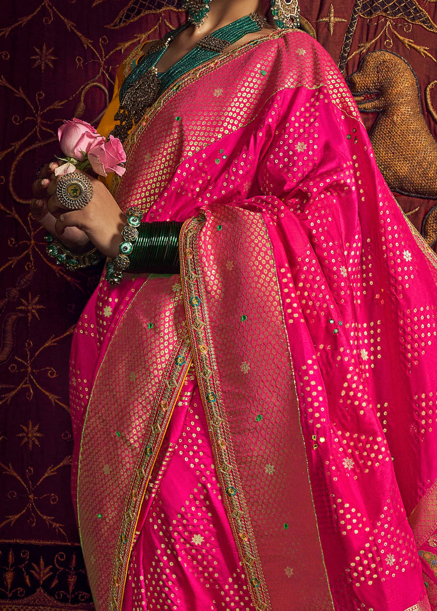 Banarasi Dola Silk Hot Pink Handloom Saree & Contrast Yellow Embroidered Blouse