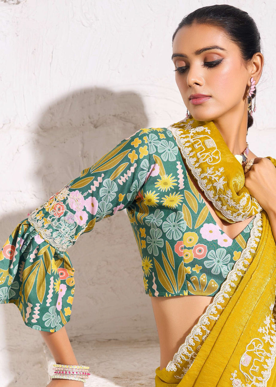 Crushed Tissue Yellow Embroidered Saree & Green Printed Blouse