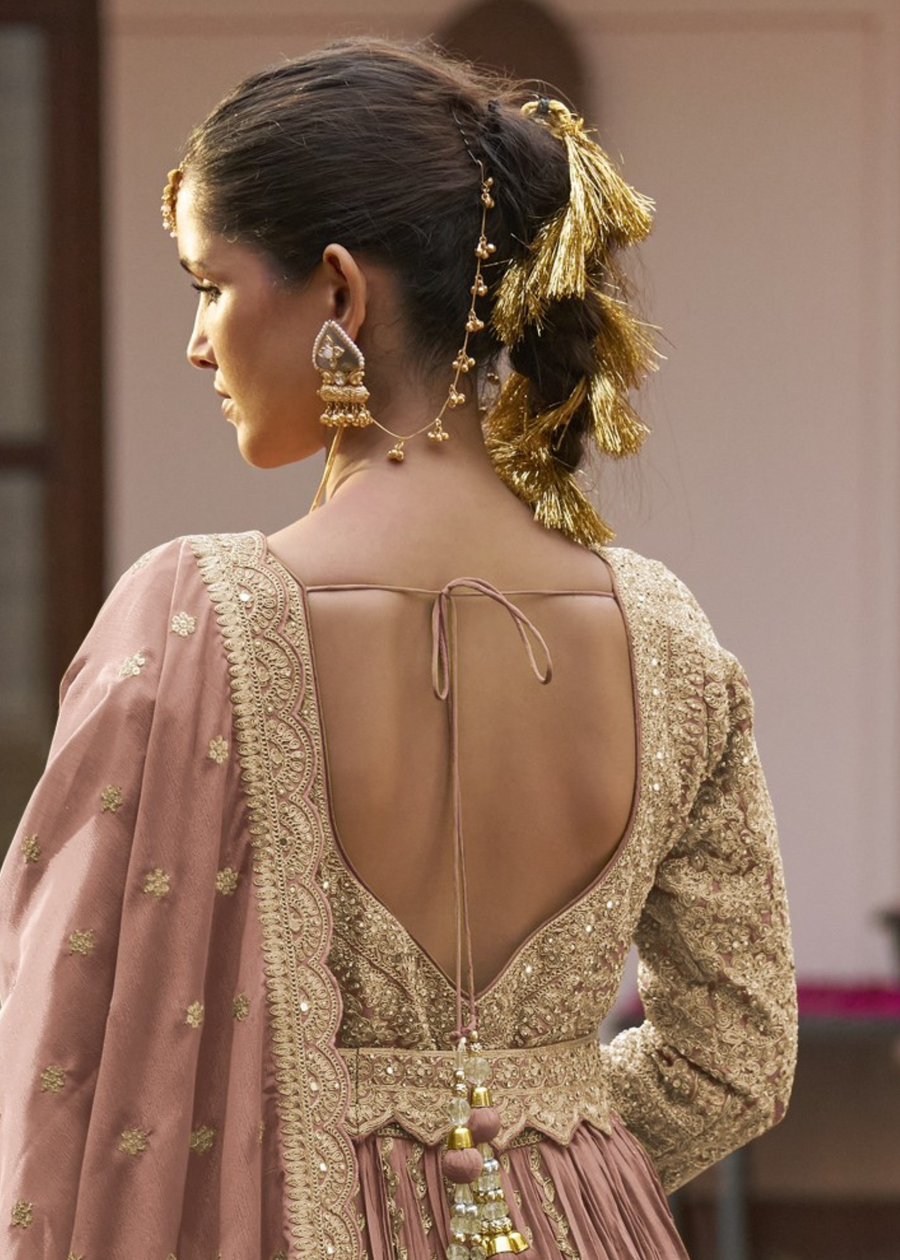 Pastel Brown Chinon Silk Anarkali Suit With Ghagra Skirt