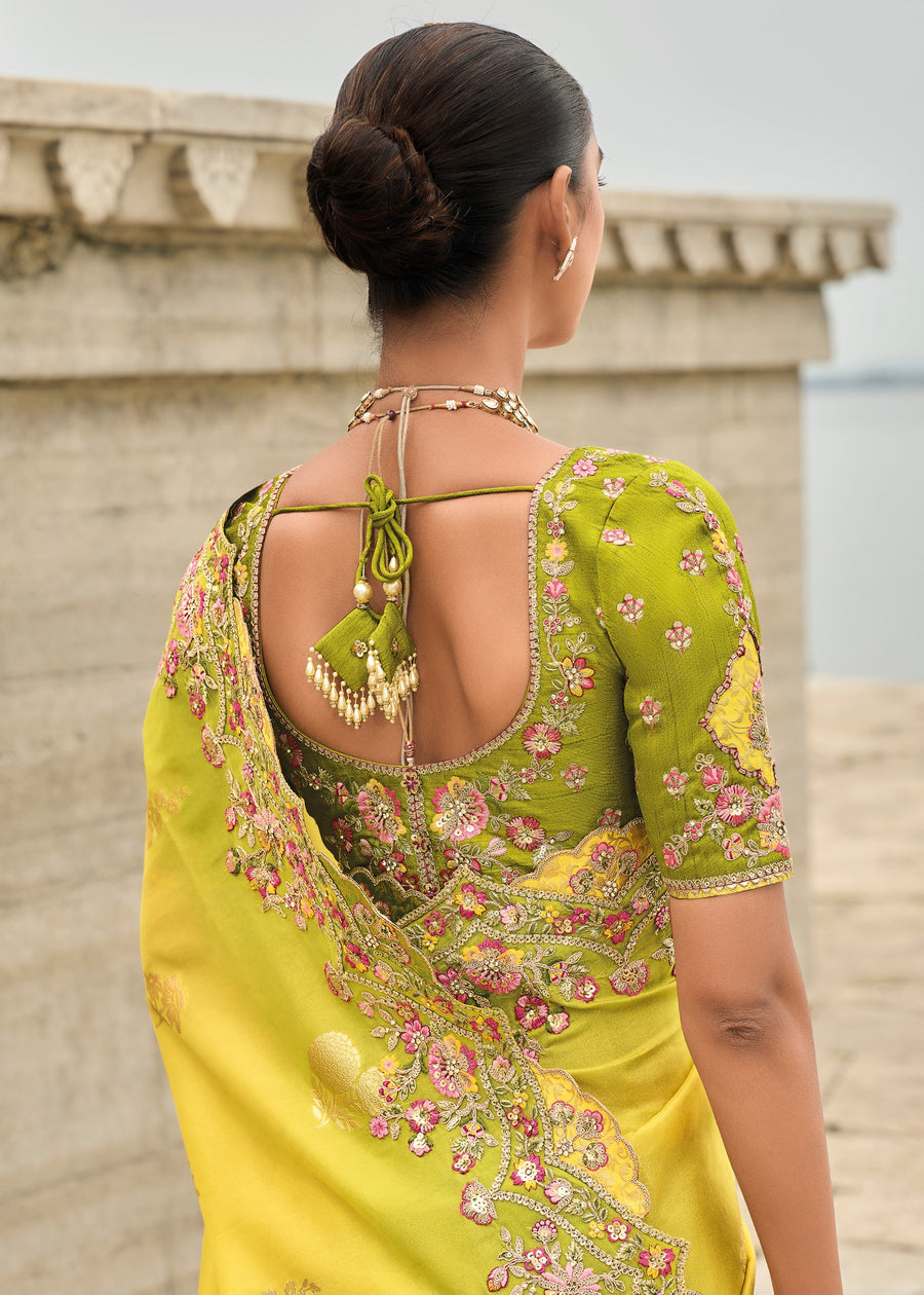 Banarasi Viscose Tissue Silk Yellow & Green Ombre Handloom Embroidered Saree With Cut Work Border