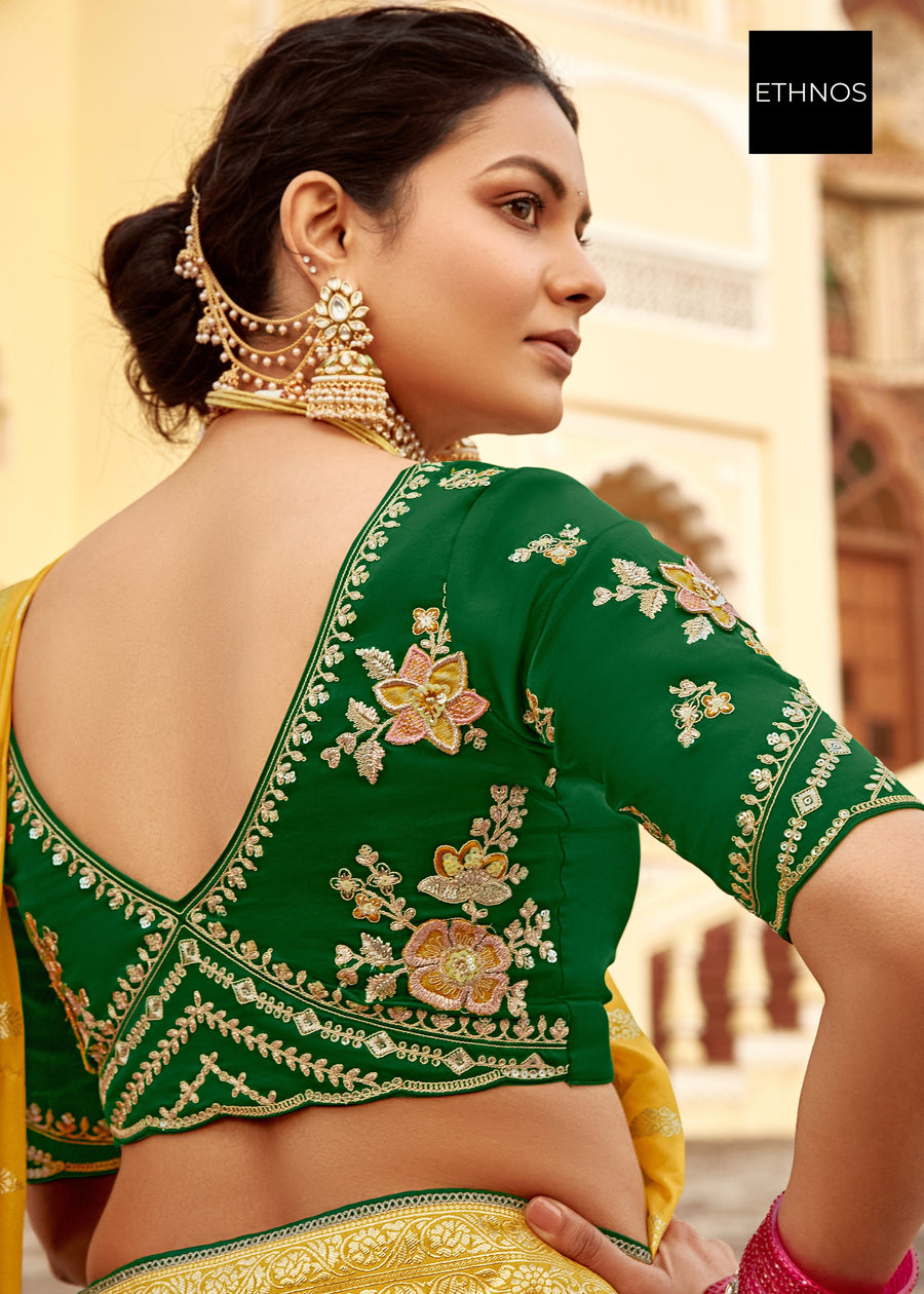 Dola Banarasi Silk Yellow Saree With Contrast Green Embroidered Blouse