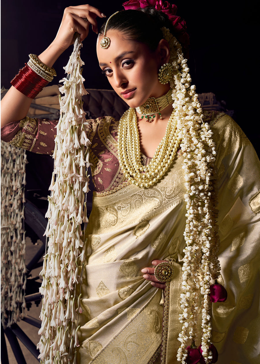 Banarasi Tissue Silk Pearl White Handloom Saree & Contrast Brown Embroidered Blouse