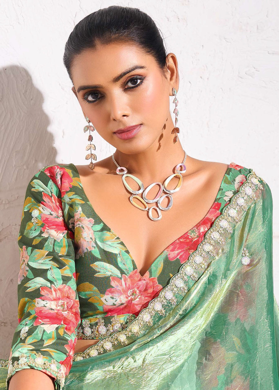 Crushed Tissue Sea Green Embroidered Saree & Printed Blouse