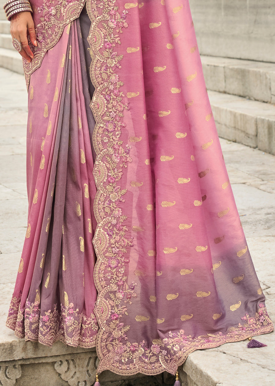 Banarasi Viscose Tissue Silk Pink & Muave Ombre Handloom Embroidered Saree With Cut Work Border