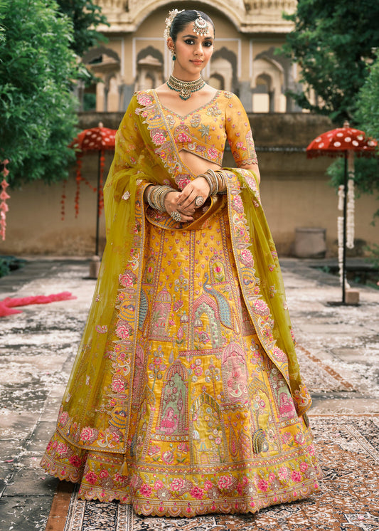 Yellow Embroidered Banarasi Silk Lehenga Choli & Contrast Green Dupatta