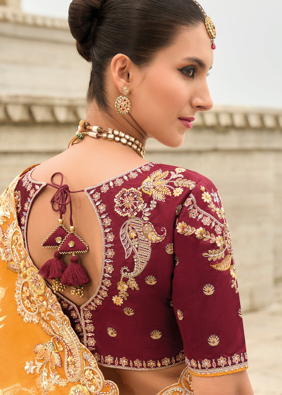 Banarasi Viscose Tissue Silk Turmeric Yellow Handloom Embroidered Saree With Cut Work Border