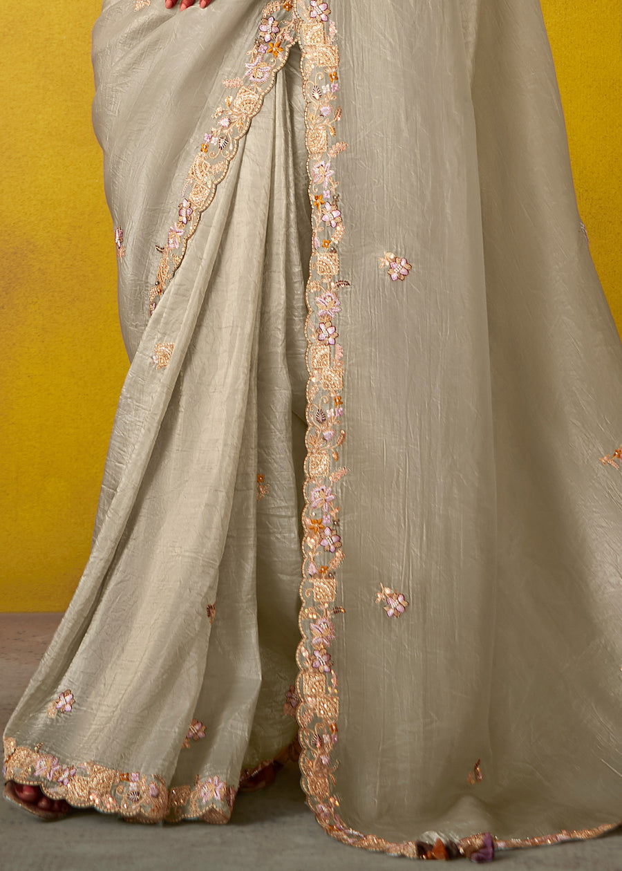 Grey Glass Tissue Silk Embroidered Saree & Purple Printed Blouse